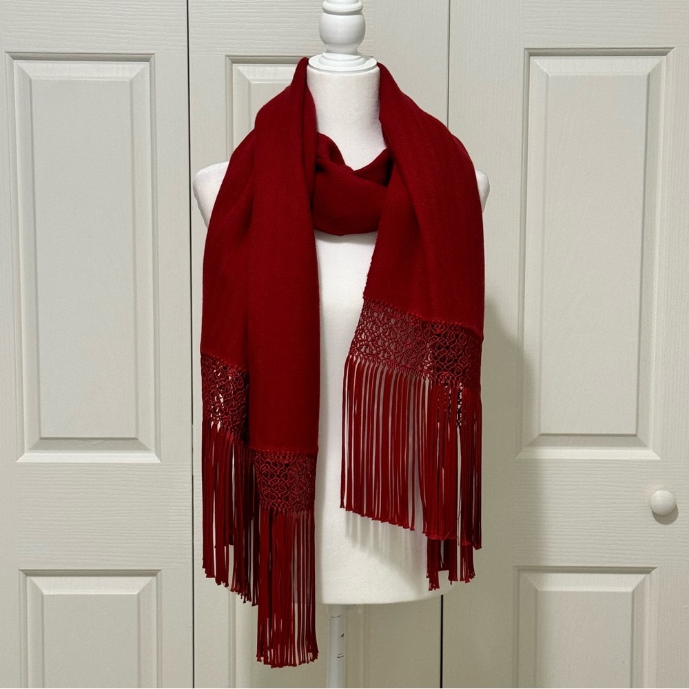 Artesanias Warmi Ajayu Bolivia Alpaca Blend Red Shawl Wrap Fringe Scarf 23x90 OS
